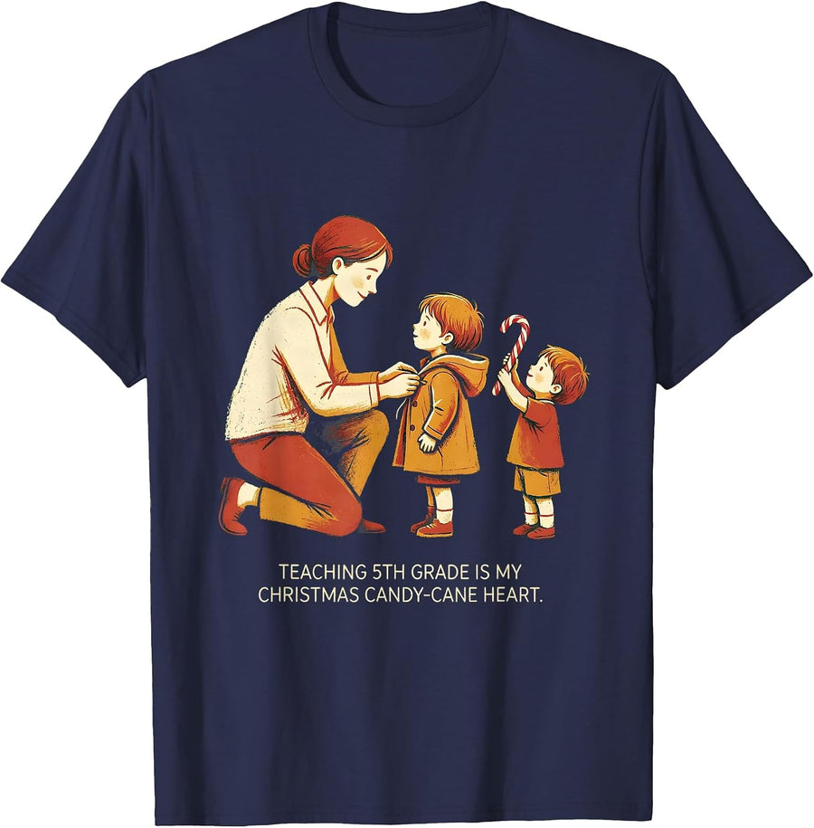 Teaching 5th Grade Is My Christmas Candy-Cane Heart Teacher T-Shirt - Navy Blue
