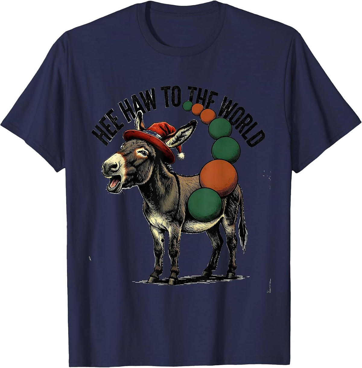 Men's Hee Haw To The World Vintage Donkey Santa Hat Farm Animal T-Shirt - Navy Blue