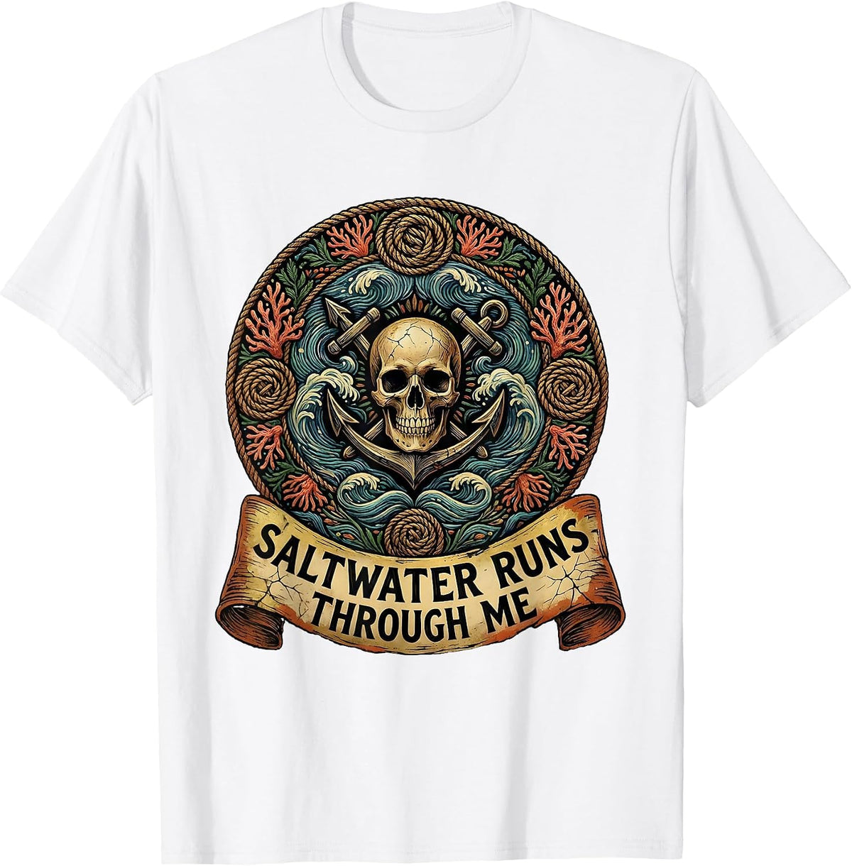Men's Saltwater Runs Through Me Pirate Design T-Shirt - White
