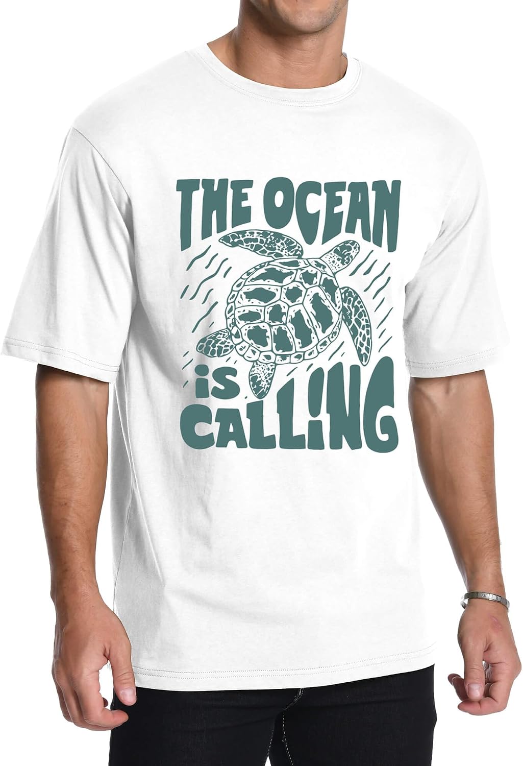 Aiyino Unisex Sea Turtle The Ocean is Calling 100% Cotton Graphic Tee - White
