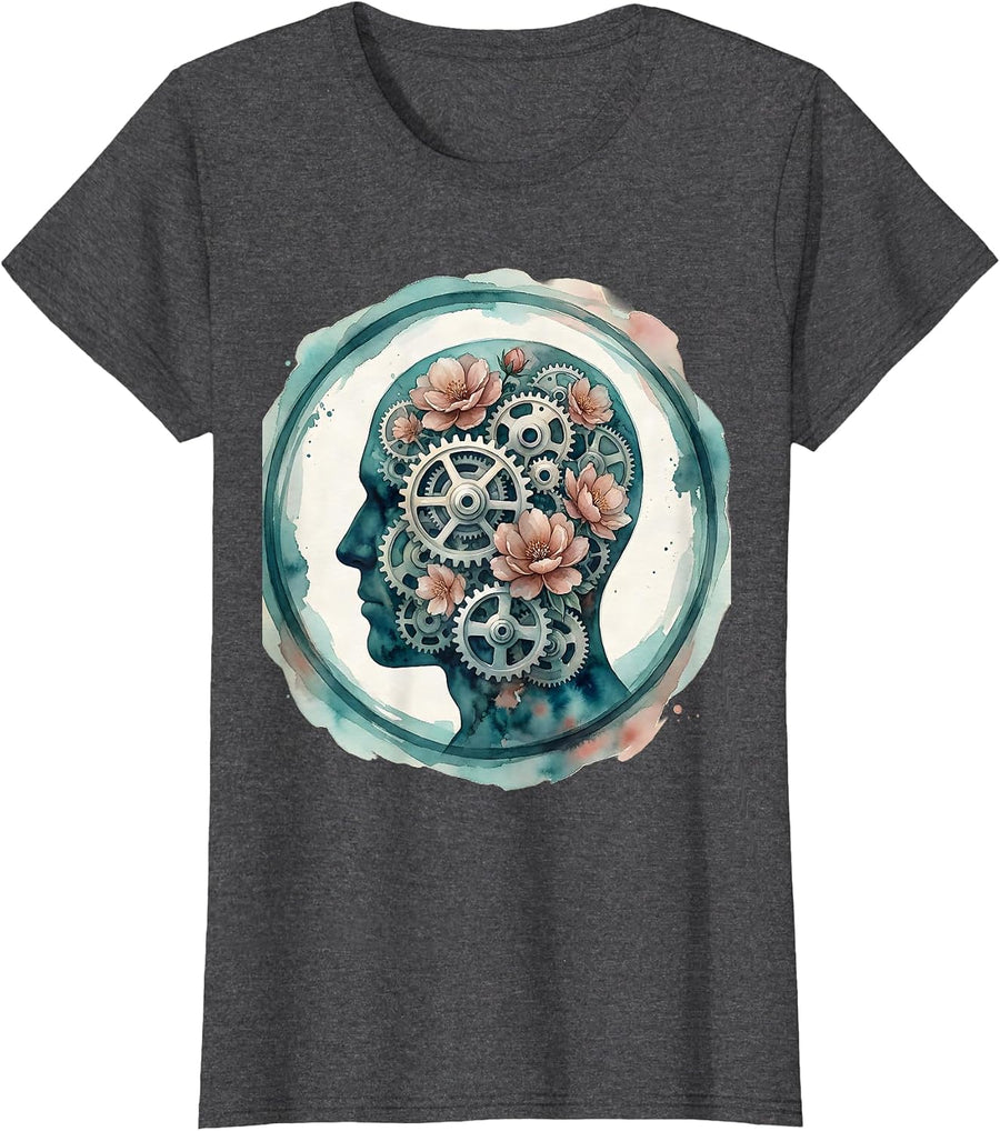 Women's Celebrate Minds of All Kinds Gears Brain Art T-Shirt - Dark Heather Grey