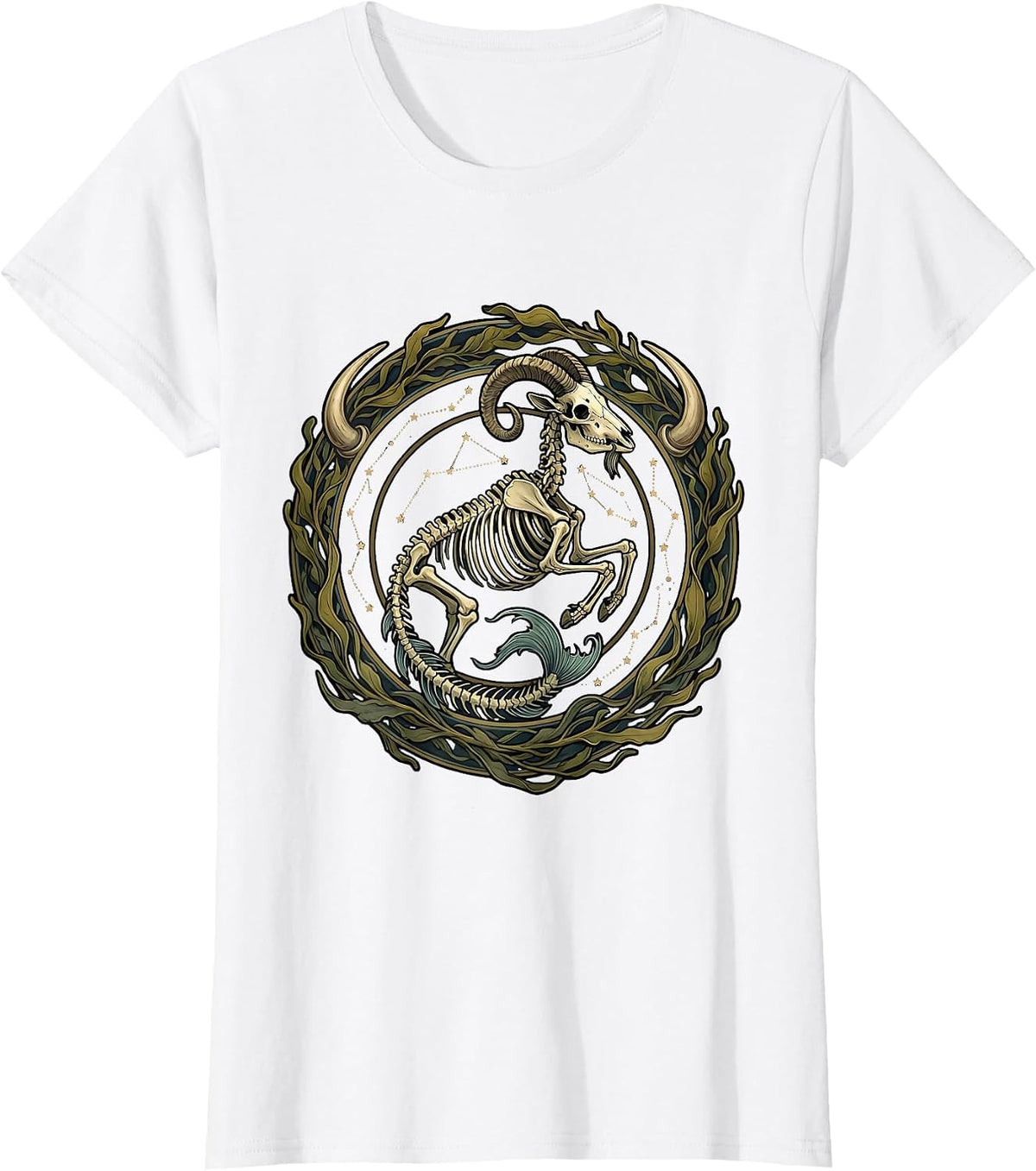 Capricorn Sea-Goat Skeleton Star Map Zodiac T-Shirt - White