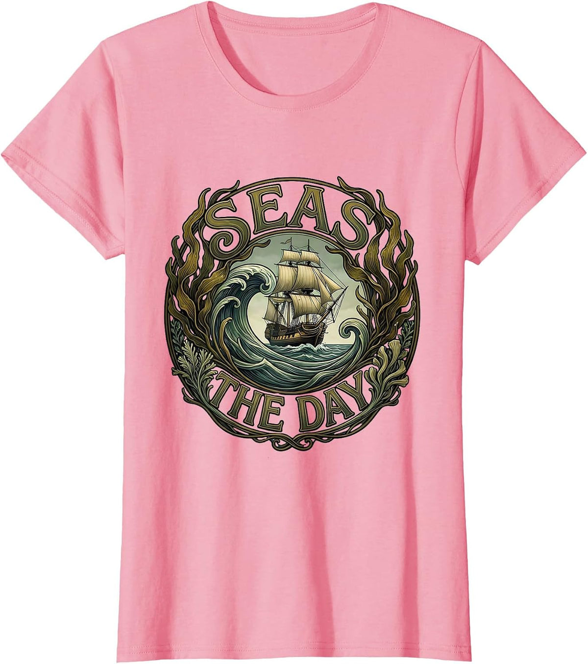 Women's Seas the Day Nautical Navy Ocean Design T-Shirt - Pink
