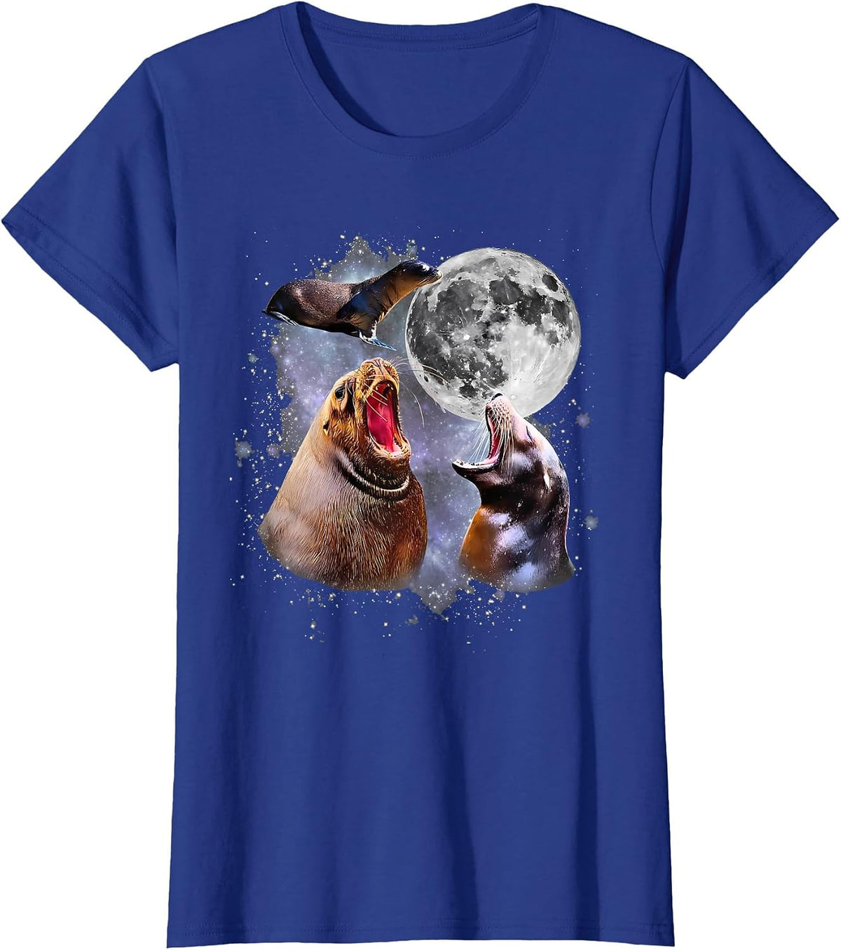 Retro Three California Sea Lion Moon Ocean Marine Animal T-Shirt - Royal Blue