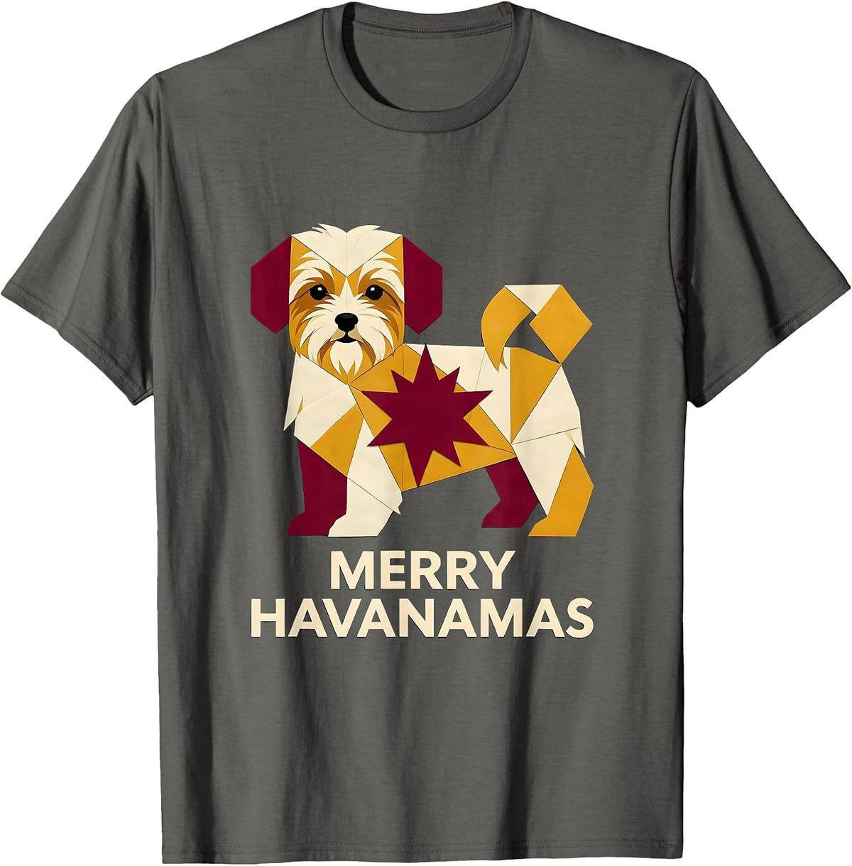 Men's Merry Havanamas Quilt Block Patchwork Havanese Christmas Dog T-Shirt - Asphalt Grey