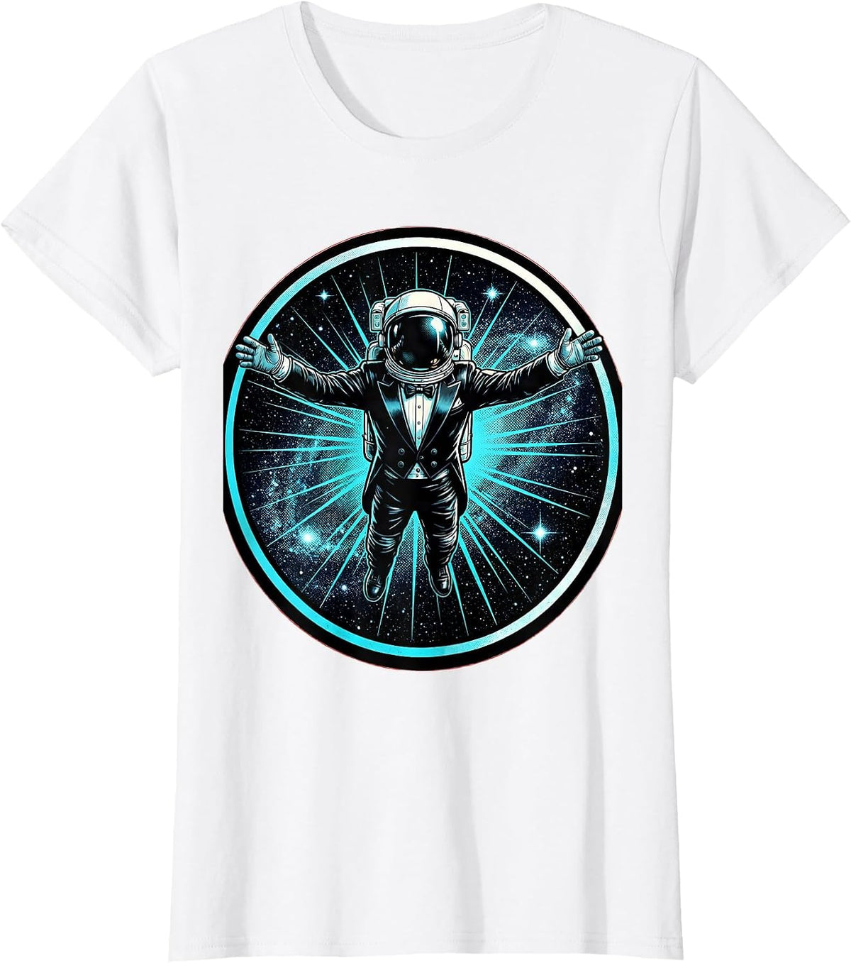 Women's Astronaut in Tuxedo Space Floating Graphic T-Shirt - White