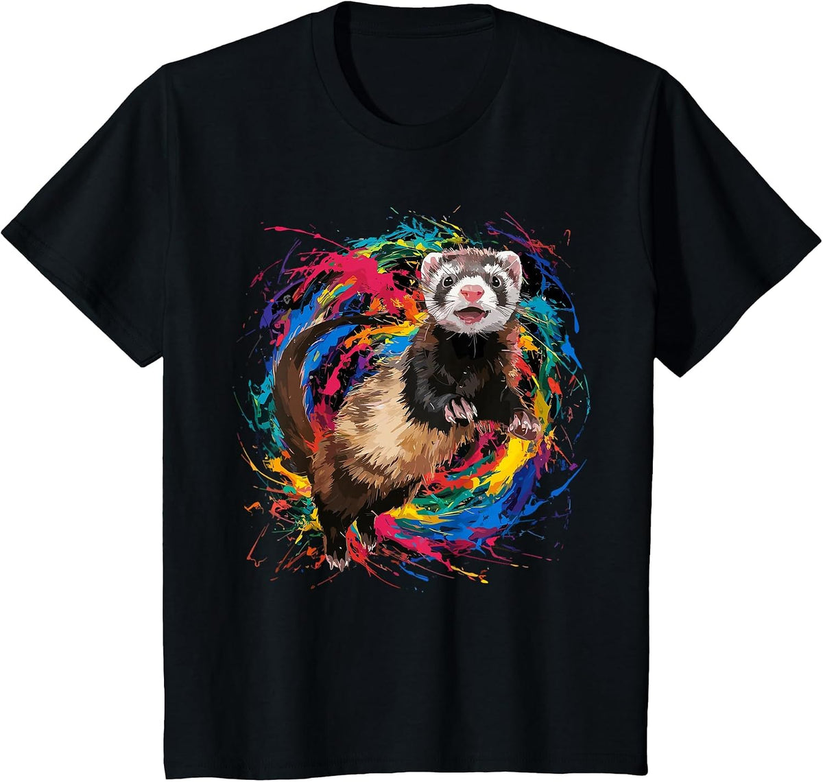 Colorful Paint Splash Ferret Art Graphic T-Shirt - Black