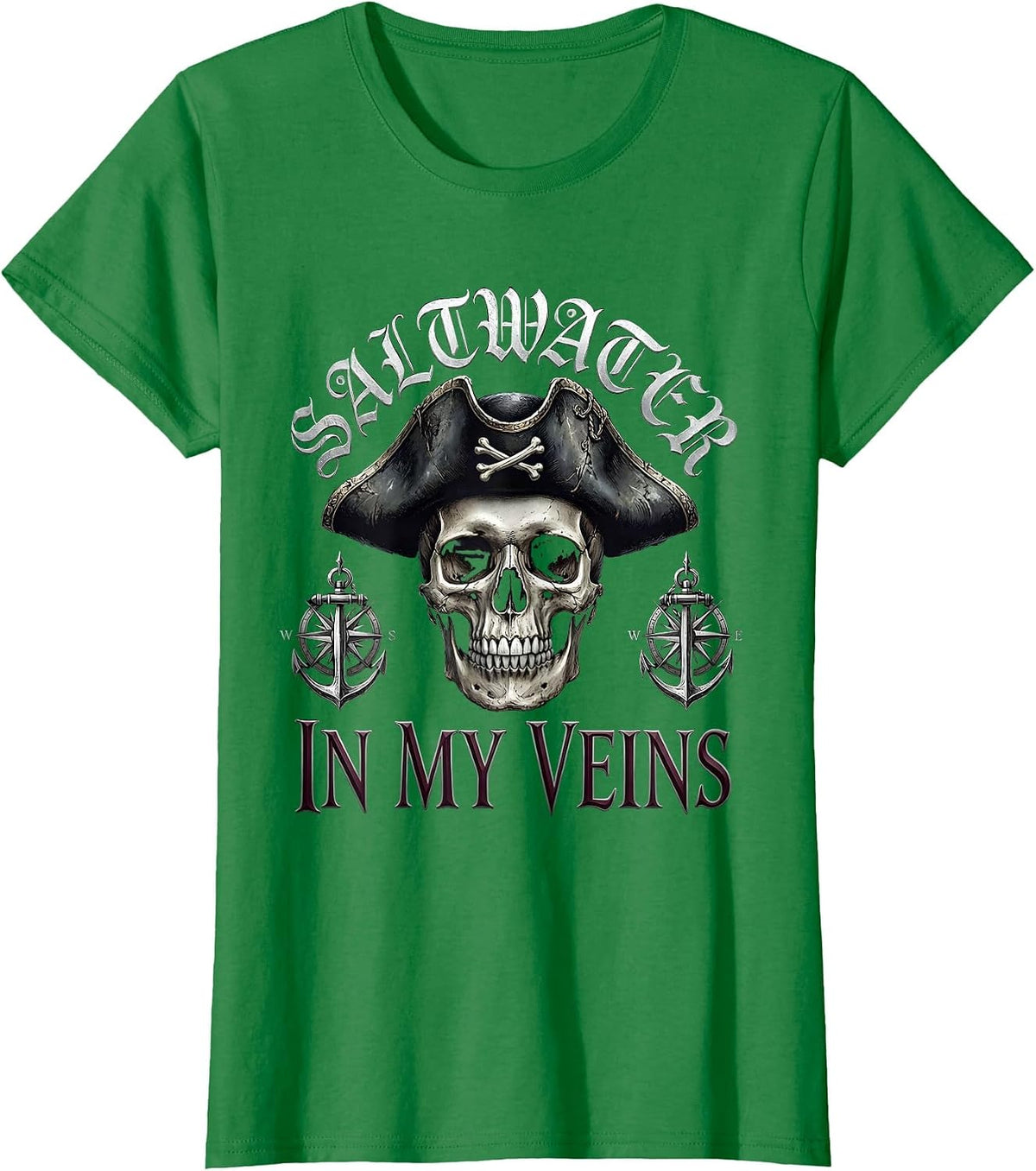 Saltwater In My Veins Pirate Nautical Design T-Shirt - Kelly Green