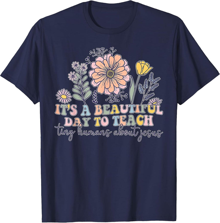 Retro It's A Beatifull Day to Teach Tiny Humans About Jesus T-Shirt - Navy Blue
