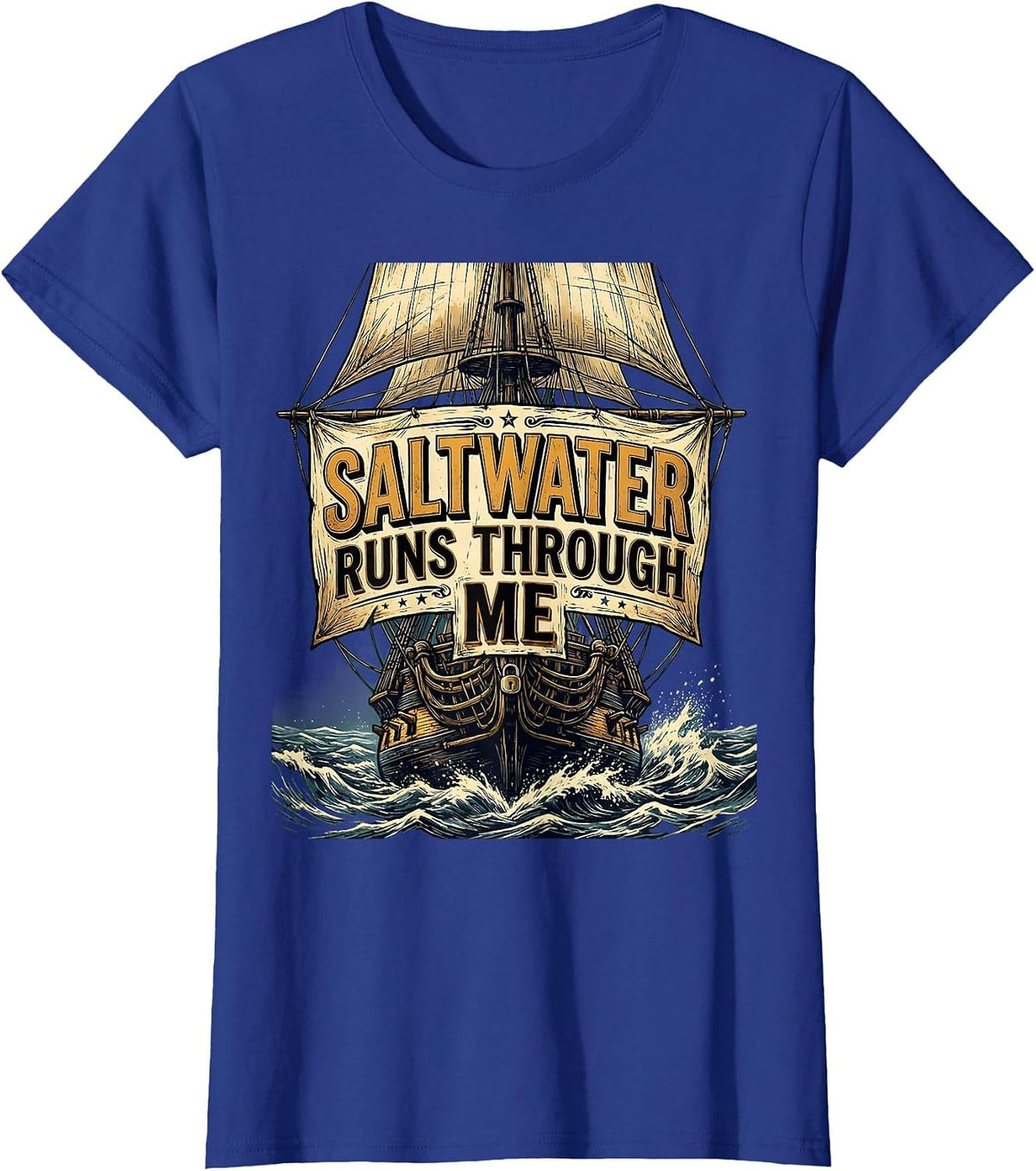 Women's Saltwater Runs Through Me Navy Ocean Design T-Shirt - Royal Blue