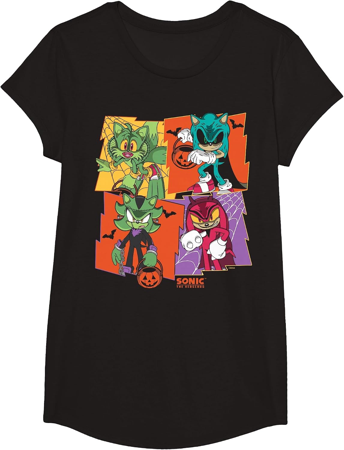 Sonic The Hedgehog Halloween Creepy Monster Portraits T-Shirt - Girls Black