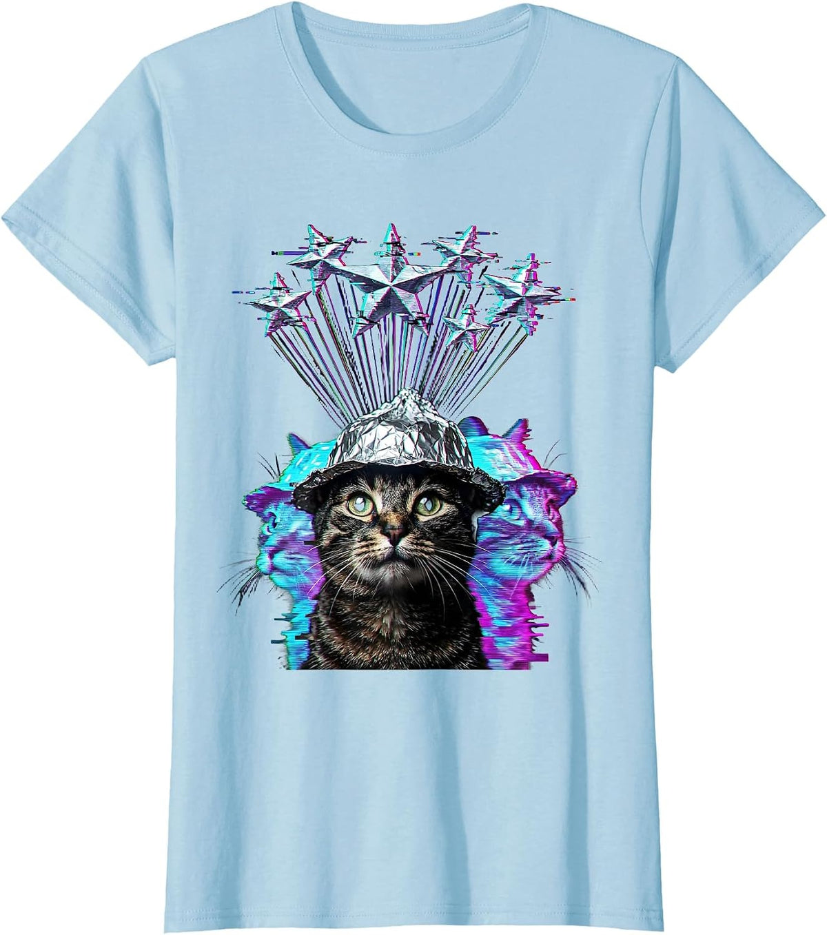 Conspiracy Cat Tinfoil Hat Stargazing Design T-Shirt - Baby Blue