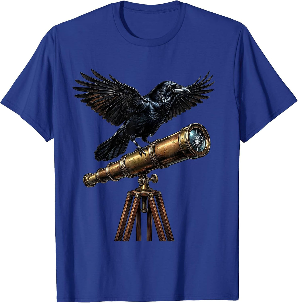 Crow Perched on Old Telescope Illustration T-Shirt - Royal Blue