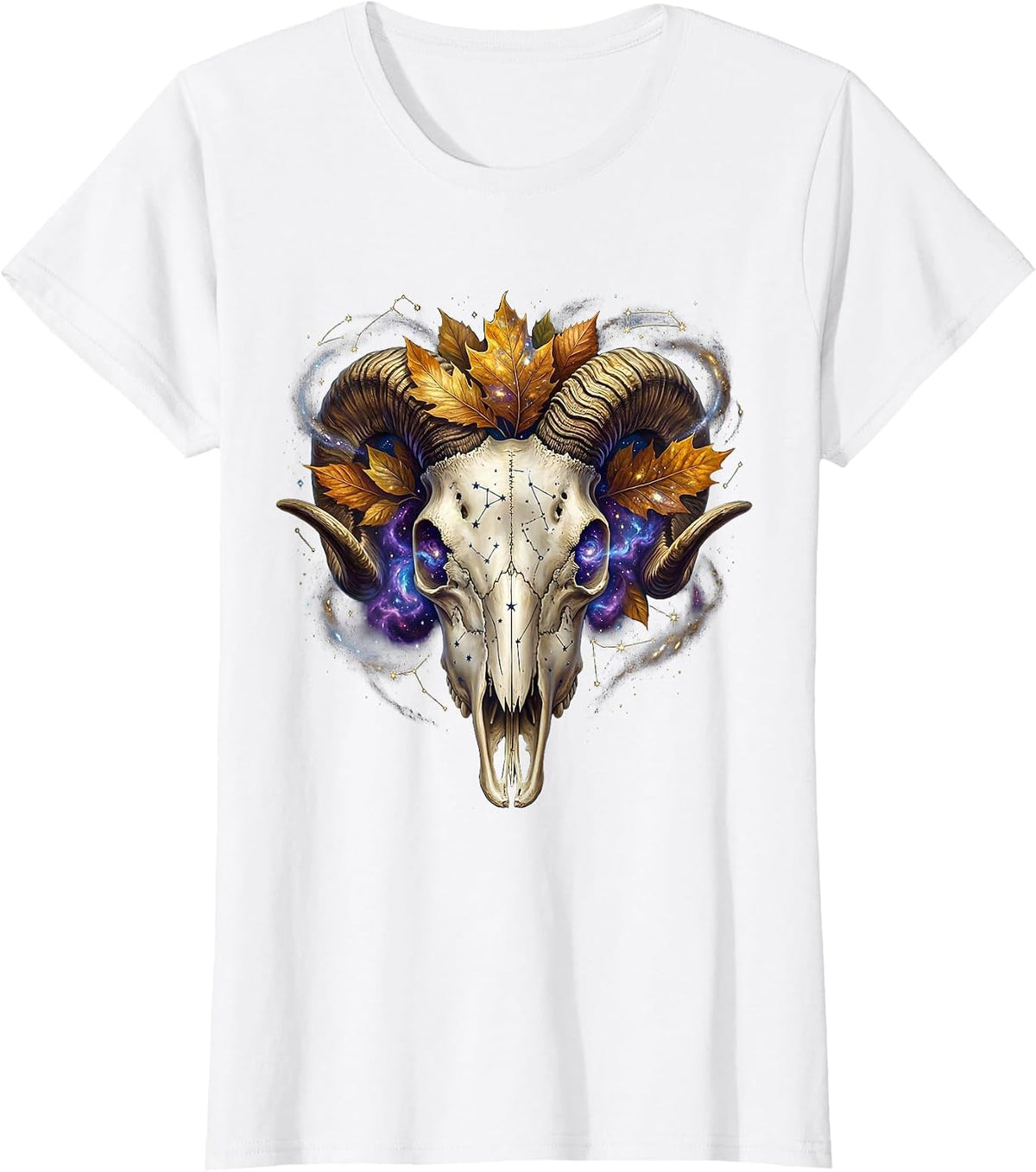 Capricorn Goat Skull Autumn Leaves Zodiac T-Shirt - White