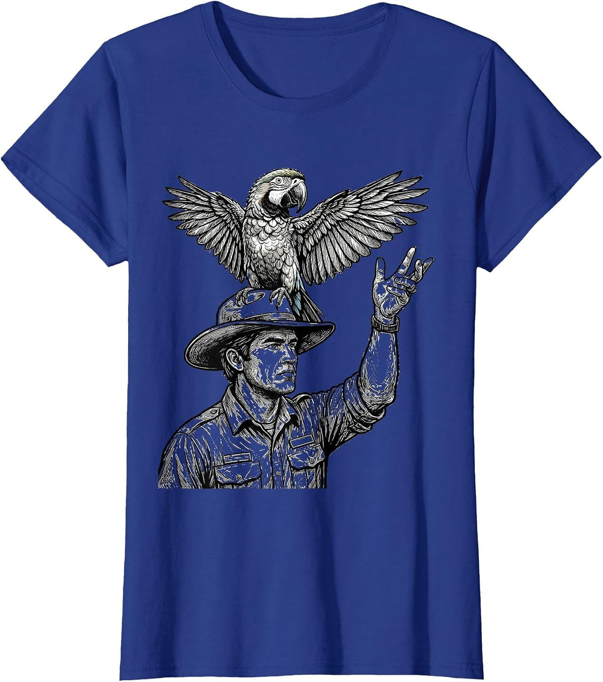 Women's Zoo Keeper Parrot Perch Illustration T-Shirt - Royal Blue