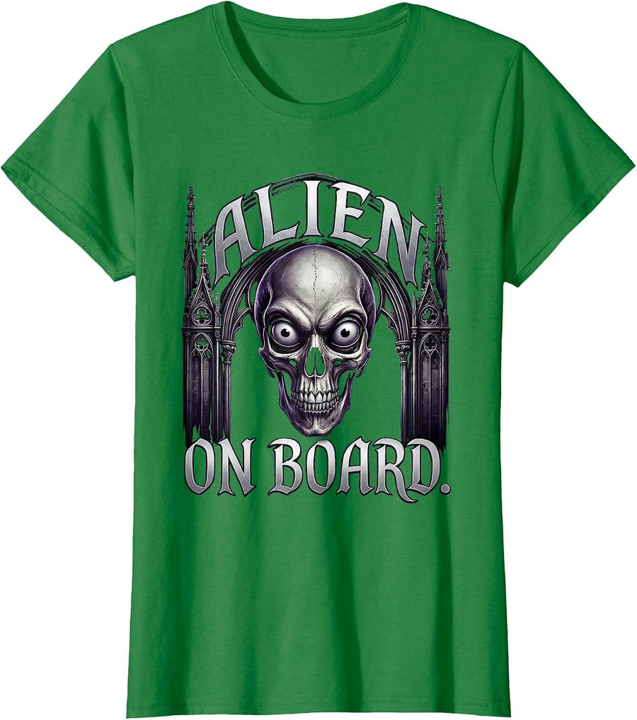 Women's Alien On Board Extraterrestrial Space Design T-Shirt - Kelly Green