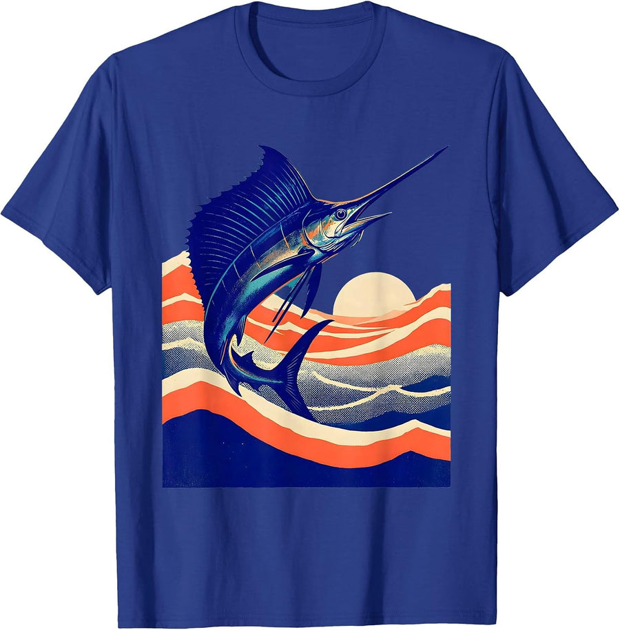 Sailfish Leaping Tropical Ocean Waves Caribbean T-Shirt - Royal Blue