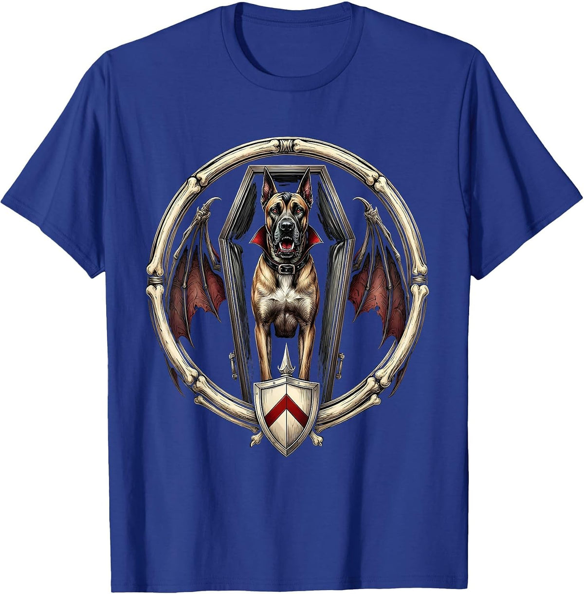 Great Dane Dracula Halloween Dog Coffin Design T-Shirt - Royal Blue