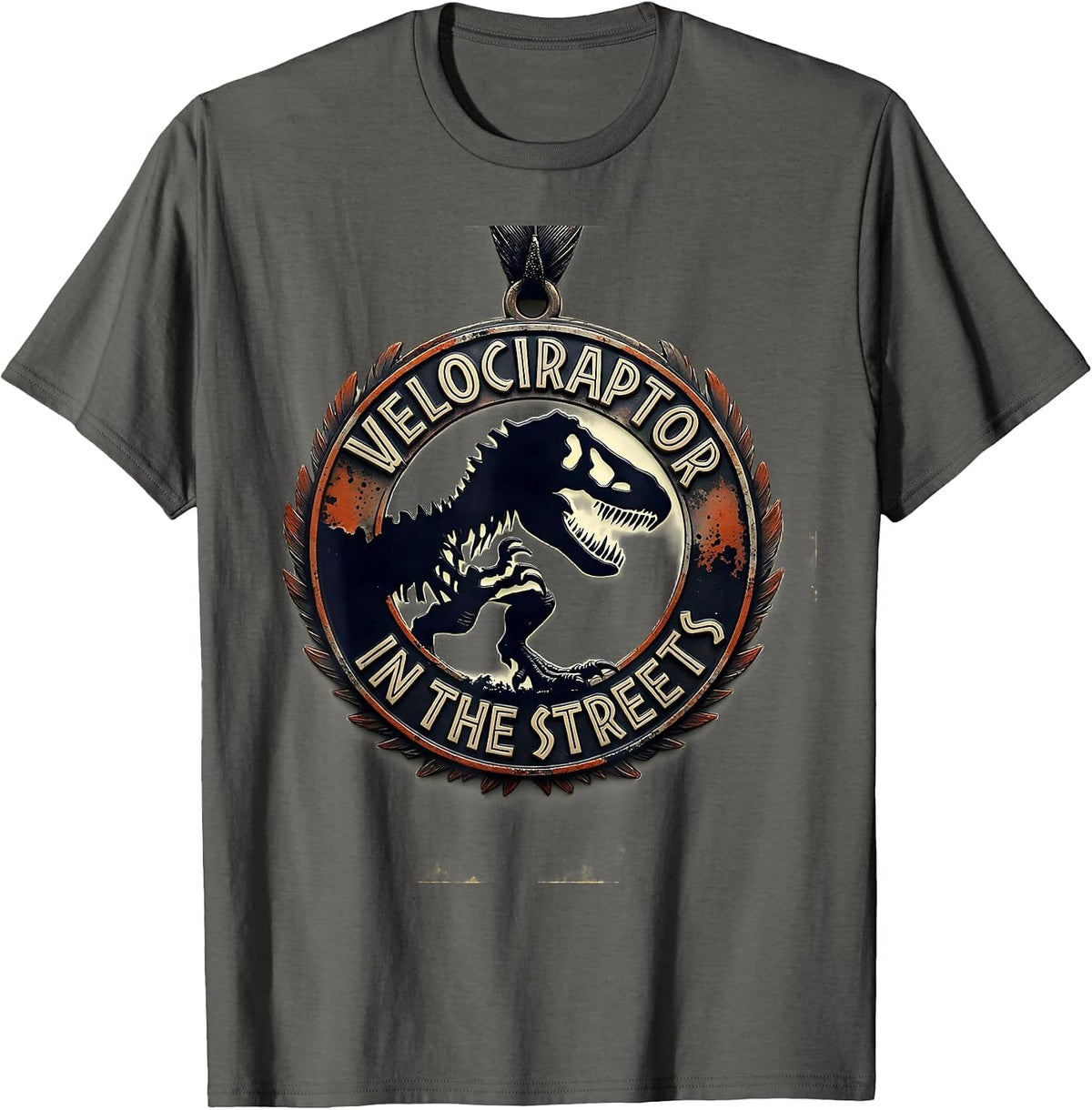 Men's Velociraptor In The Streets Dinosaur Design T-Shirt - Asphalt Grey