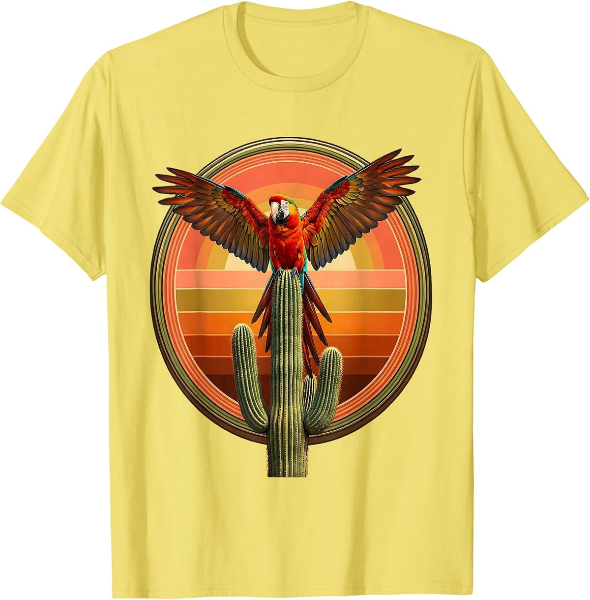 Men's Macaw Parrot Cactus Sunset Mexico Graphic T-Shirt - Lemon Yellow