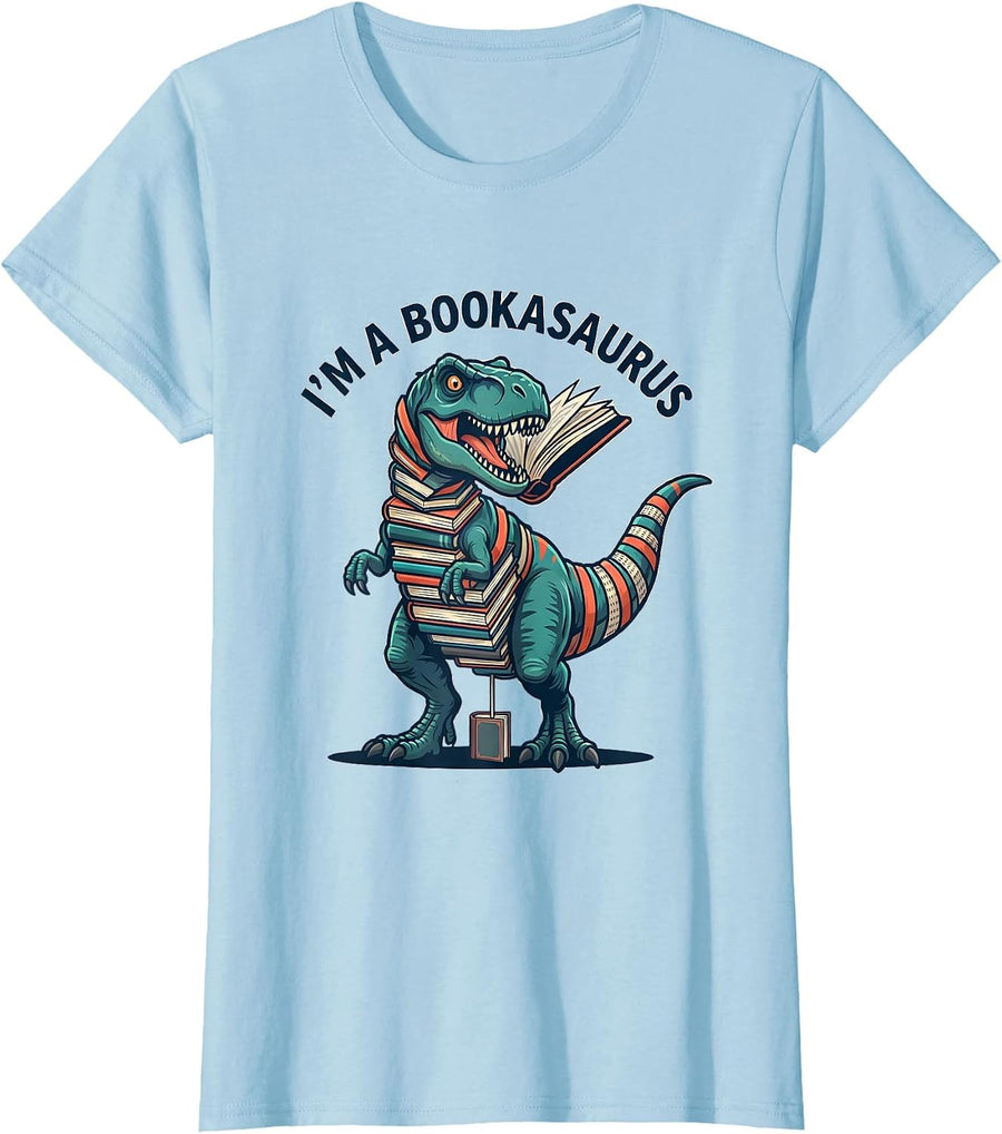 Women's I'm a Bookasaurus Funny Dinosaur Bookworm Kids Librarian T-Shirt - Baby Blue