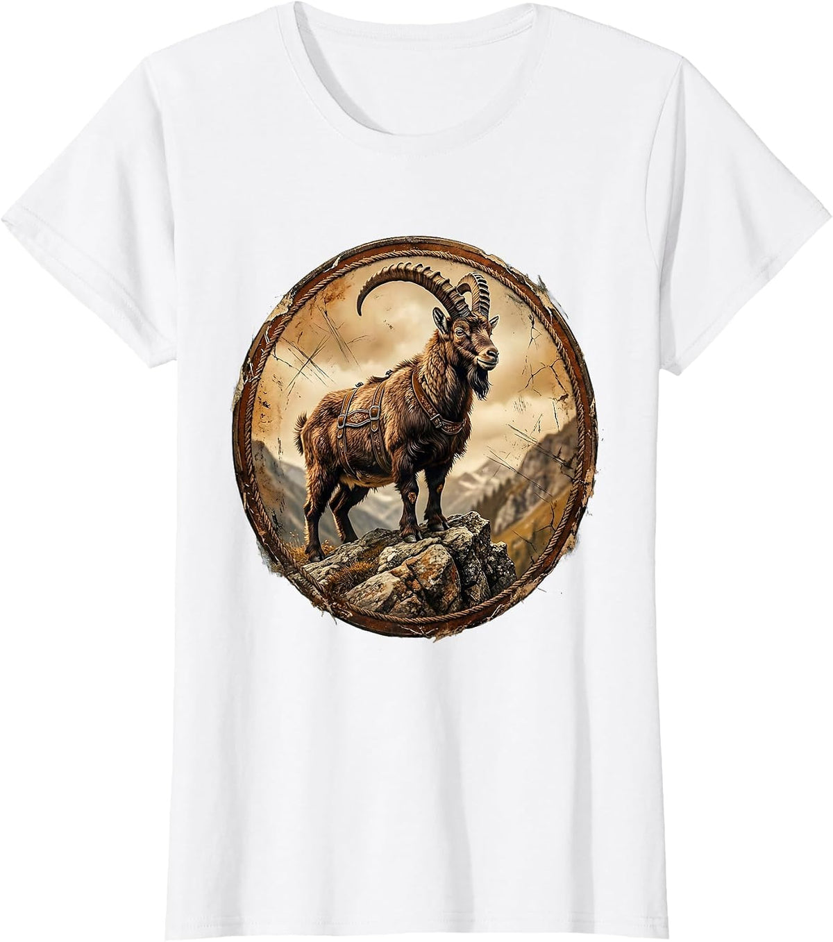 Goat in Lederhosen Rocky Hillside Illustration T-Shirt - White