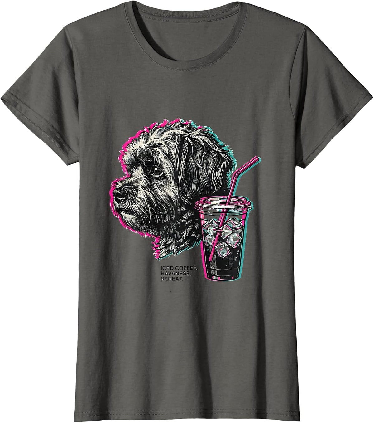 Women's Iced Coffee Havanese Repeat Hipster Dog Breed Humor T-Shirt - Asphalt Grey