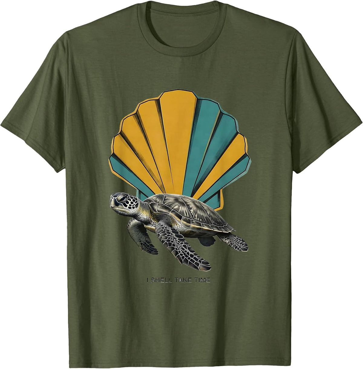 I Shell Take Time Midcentury Modern Turtle Lover Casual T-Shirt - Olive Green