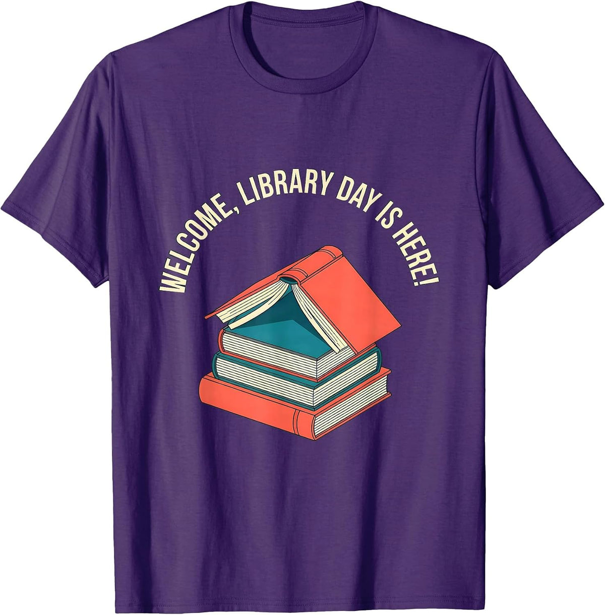 Welcome, Library Day Is Here Flat Vector Librarian Humor T-Shirt - Purple
