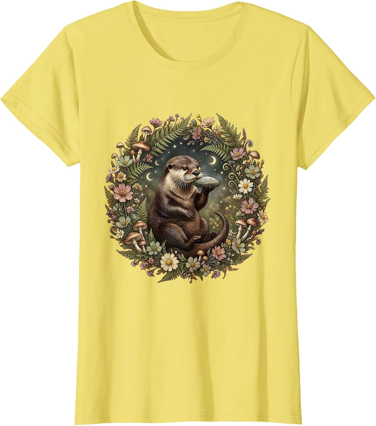 Otter Balancing Rock on Nose Illustration T-Shirt - Lemon Yellow