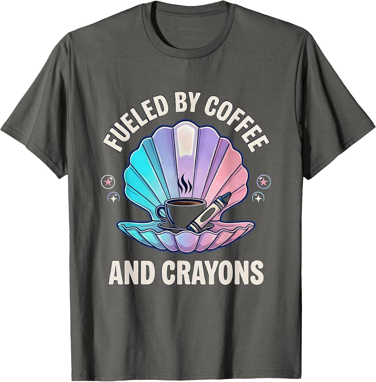 Fueled by Coffee and Crayons 2nd Grade Teacher T-Shirt - Asphalt Grey