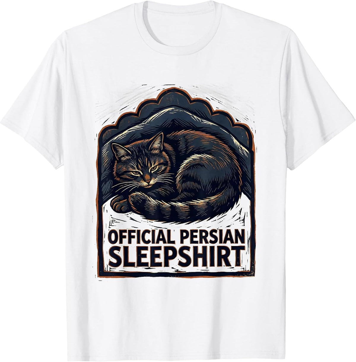 Men's Official Persian Sleepshirt Cute Cat Lover Linocut T-Shirt - White