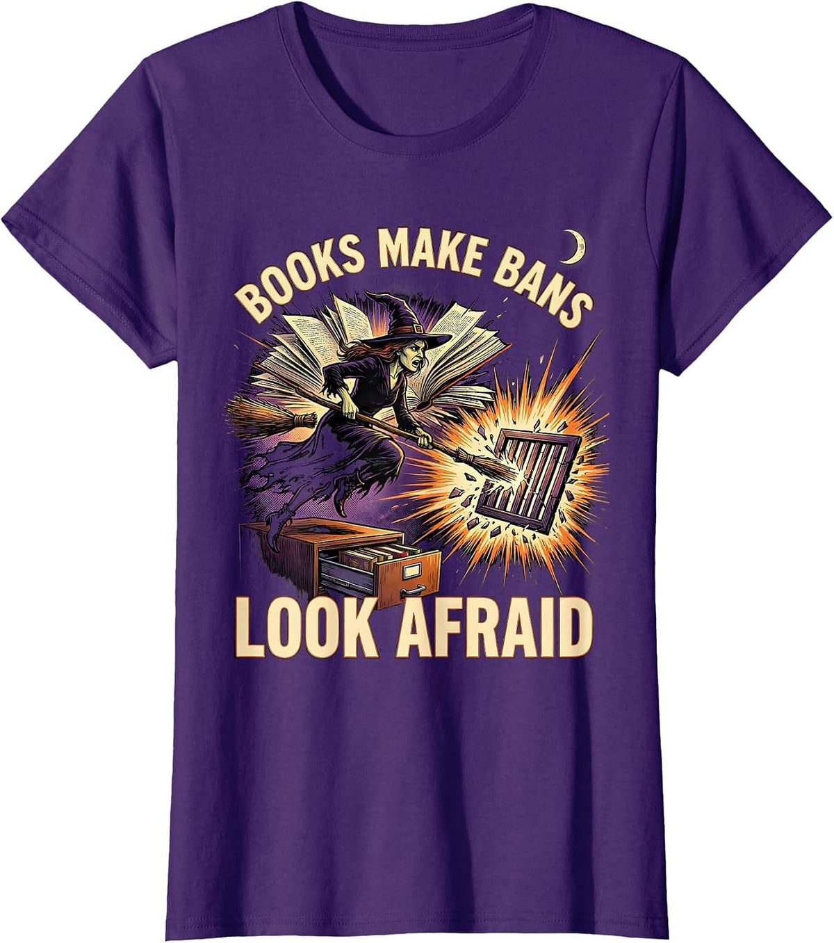 Women's Books Make Bans Look Afraid Comic Book Witch Halloween T-Shirt - Purple