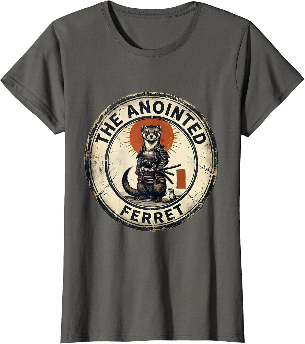 Women's The Anointed Ferret Distressed Samurai Ferret Anime Humor T-Shirt - Asphalt Grey