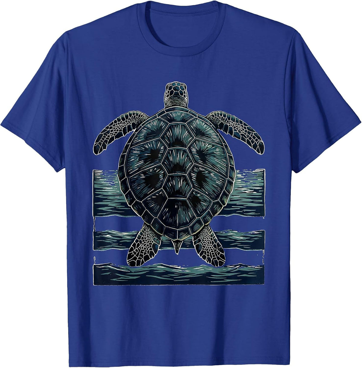 Sea Turtle Linocut Ocean Animal Lover Art T-Shirt - Royal Blue