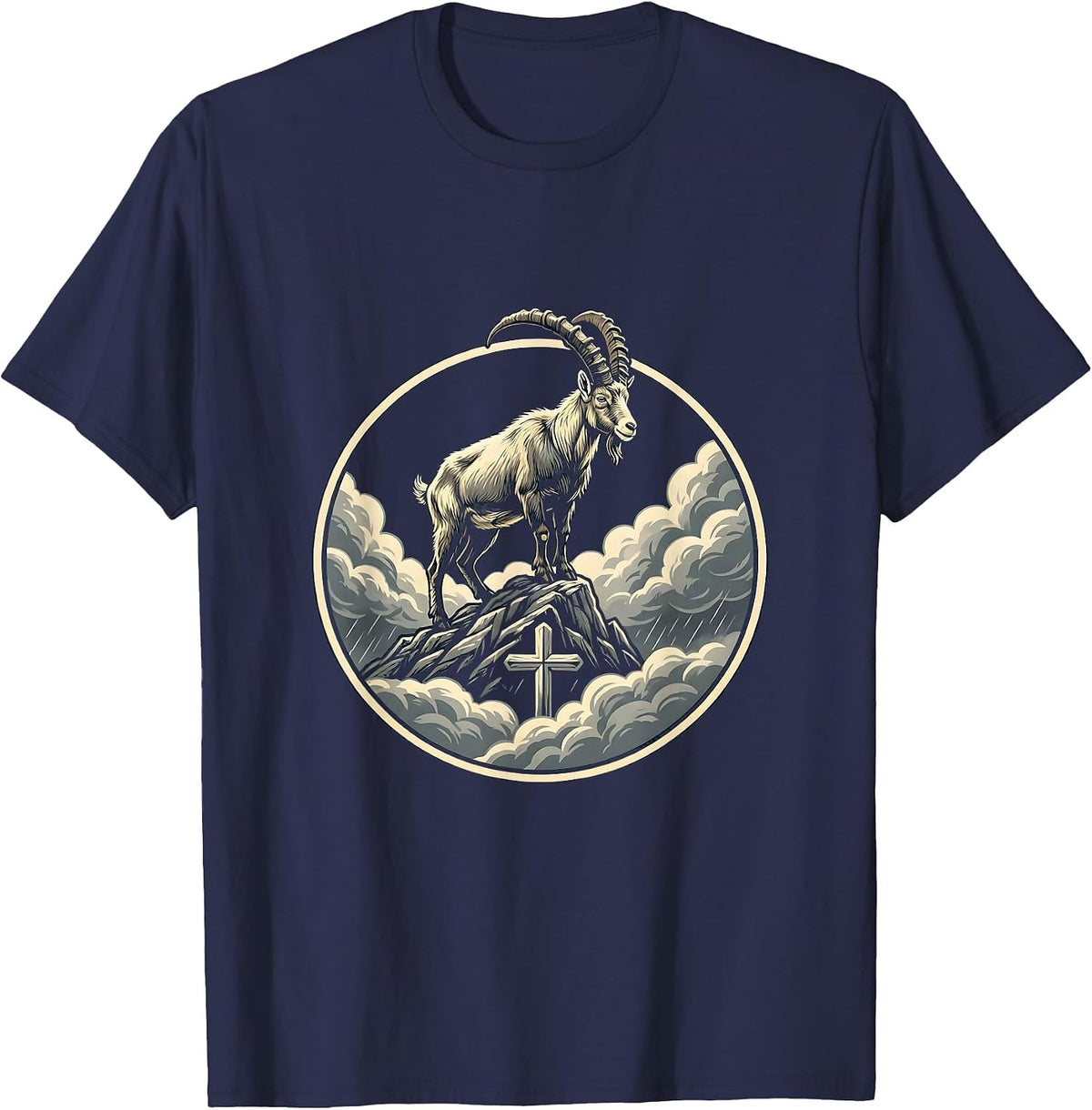 Men's Mountain Goat Storm Peak Graphic Design T-Shirt - Navy Blue