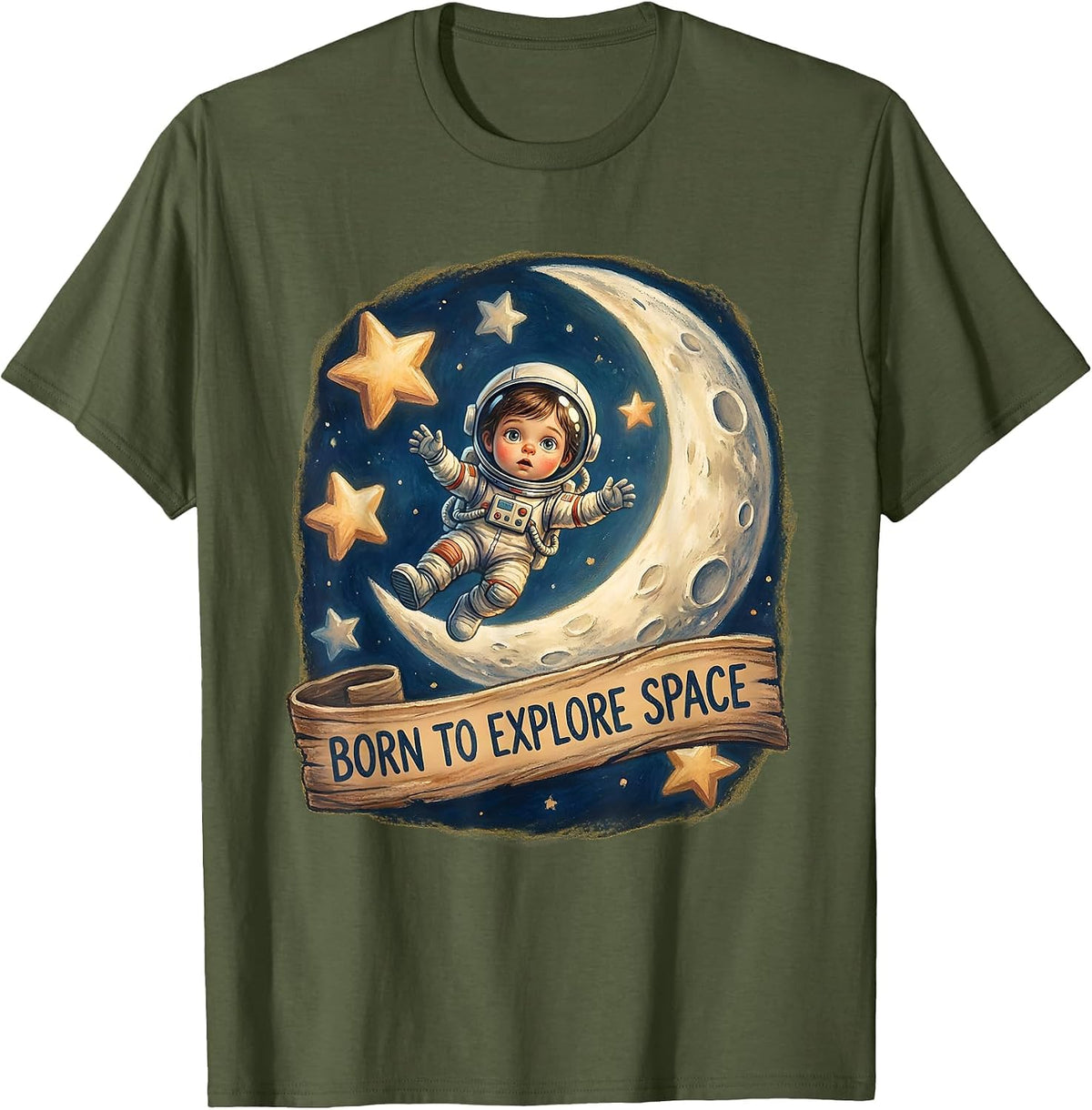 Men's Born to Explore Space Cosmic Adventure Design T-Shirt - Olive Green