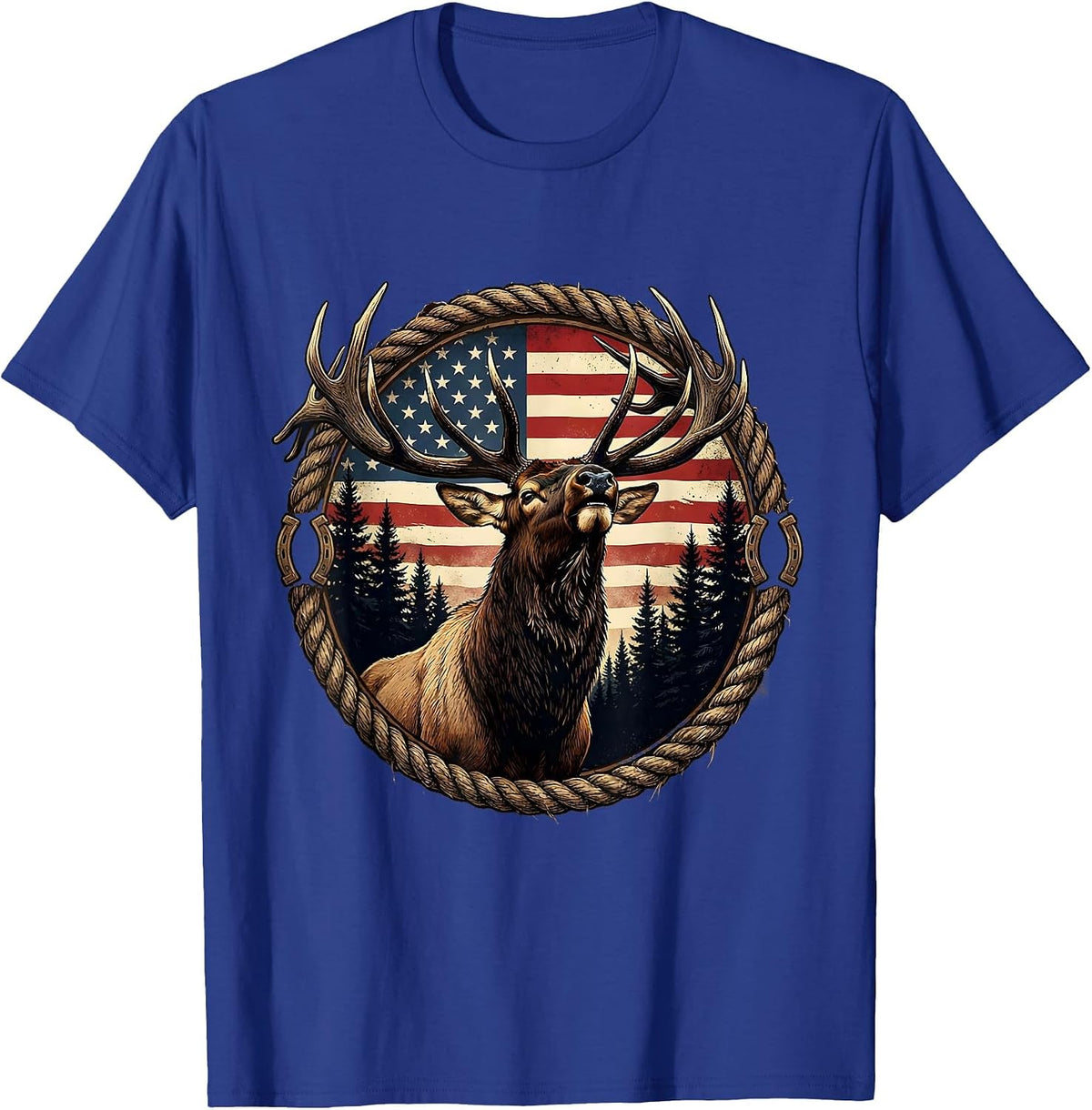 Bull Elk Bugling in Pine Forest Wildlife Art T-Shirt - Royal Blue