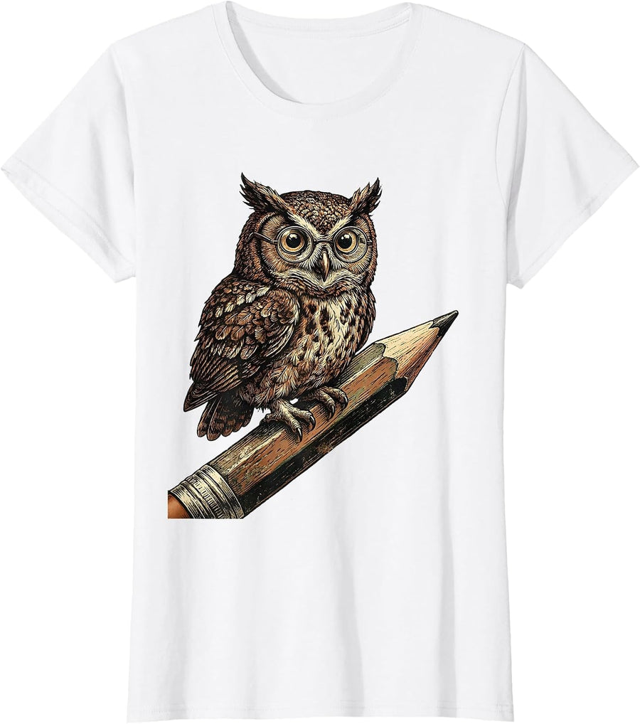 Women's Cute Owl on Pencil Gift for 2nd Grade Teachers T-Shirt - White