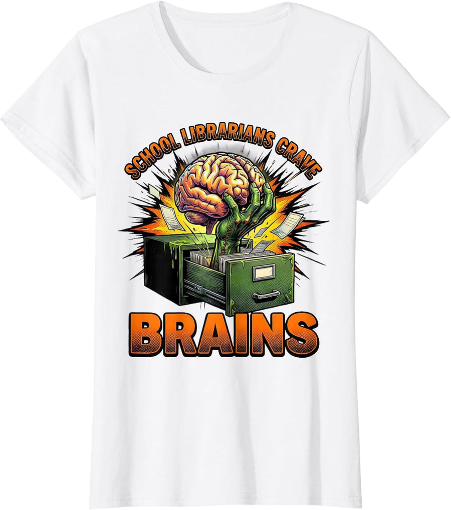 Women's School Librarians Crave Brains Comic Book Zombie Teacher T-Shirt - White