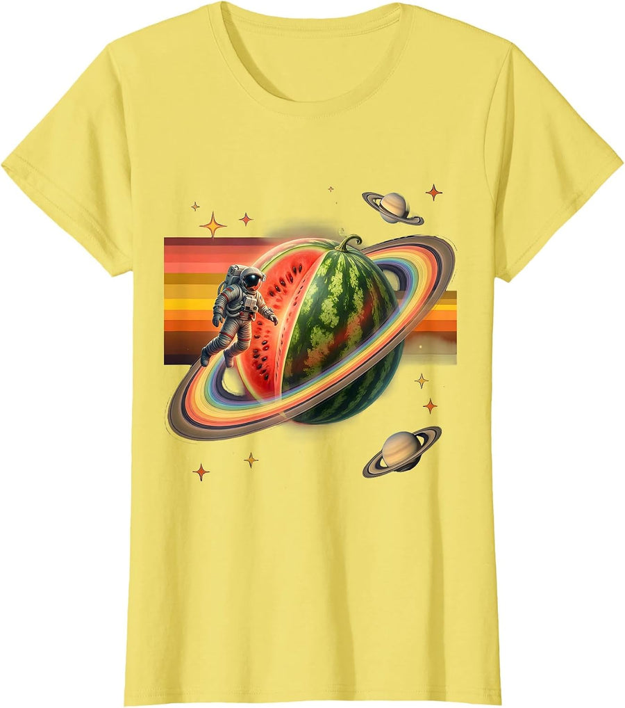 Women's Astronaut Floating With Giant Watermelon In Space T-Shirt - Lemon Yellow