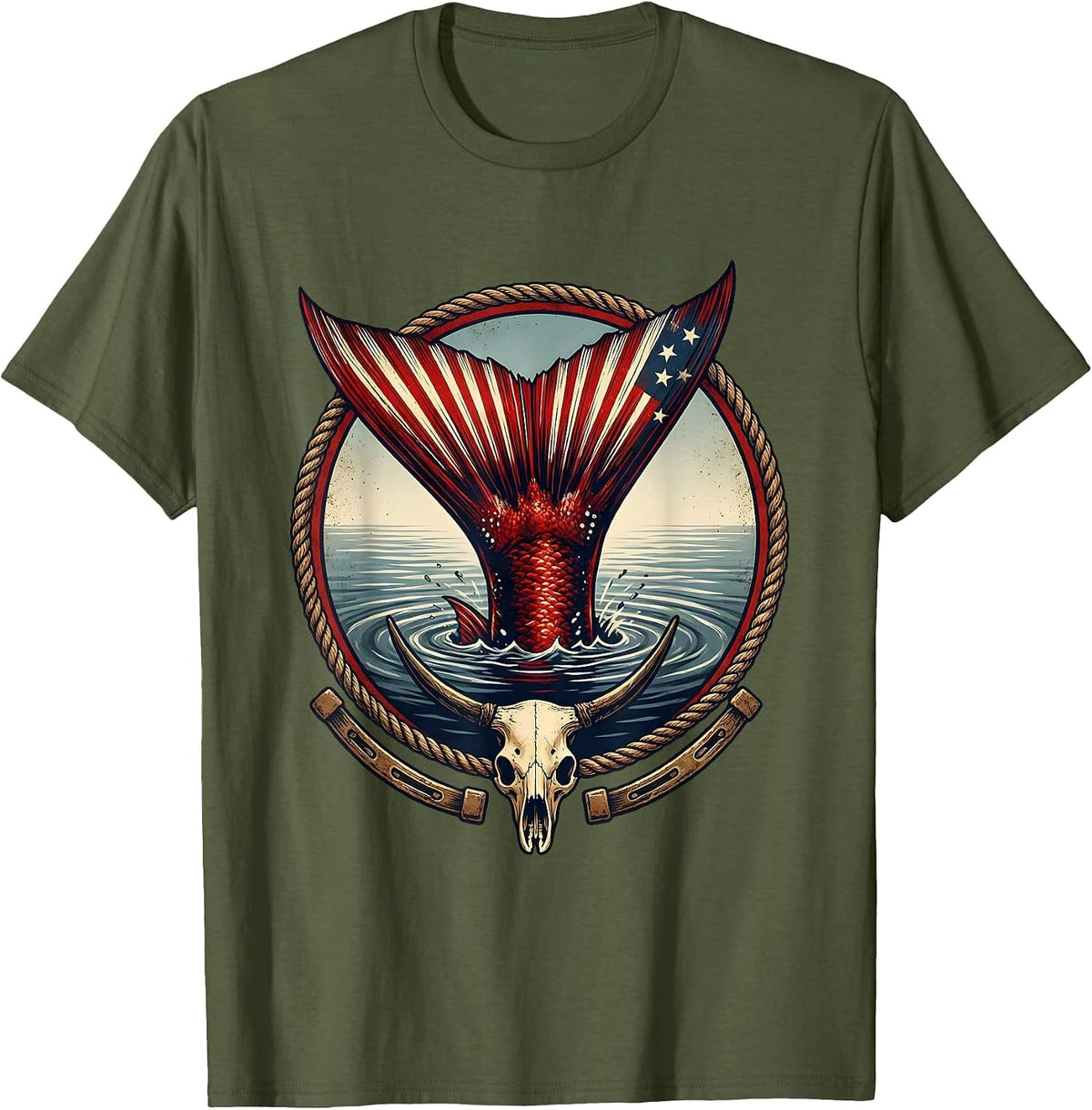 Men's Redfish Tail Gulf of America Fishing Illustration T-Shirt - Olive Green