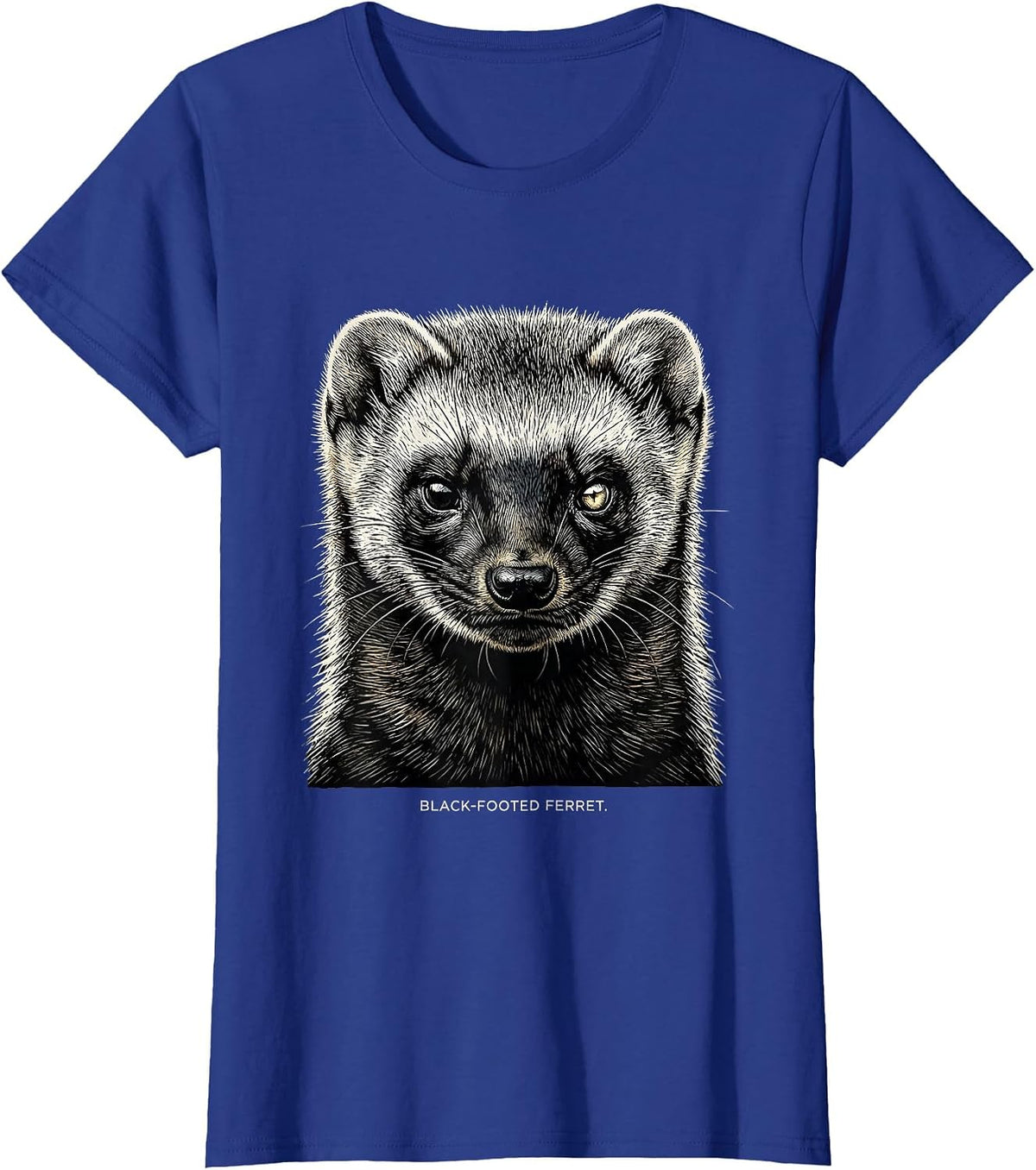 Women's BLACK-FOOTED FERRET Woodcut Engraving Wildlife Portrait T-Shirt - Royal Blue