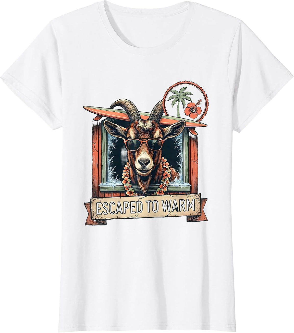 Women's Escaped To Warm Boho Tropical Surfing Goat Animal Humor T-Shirt - White