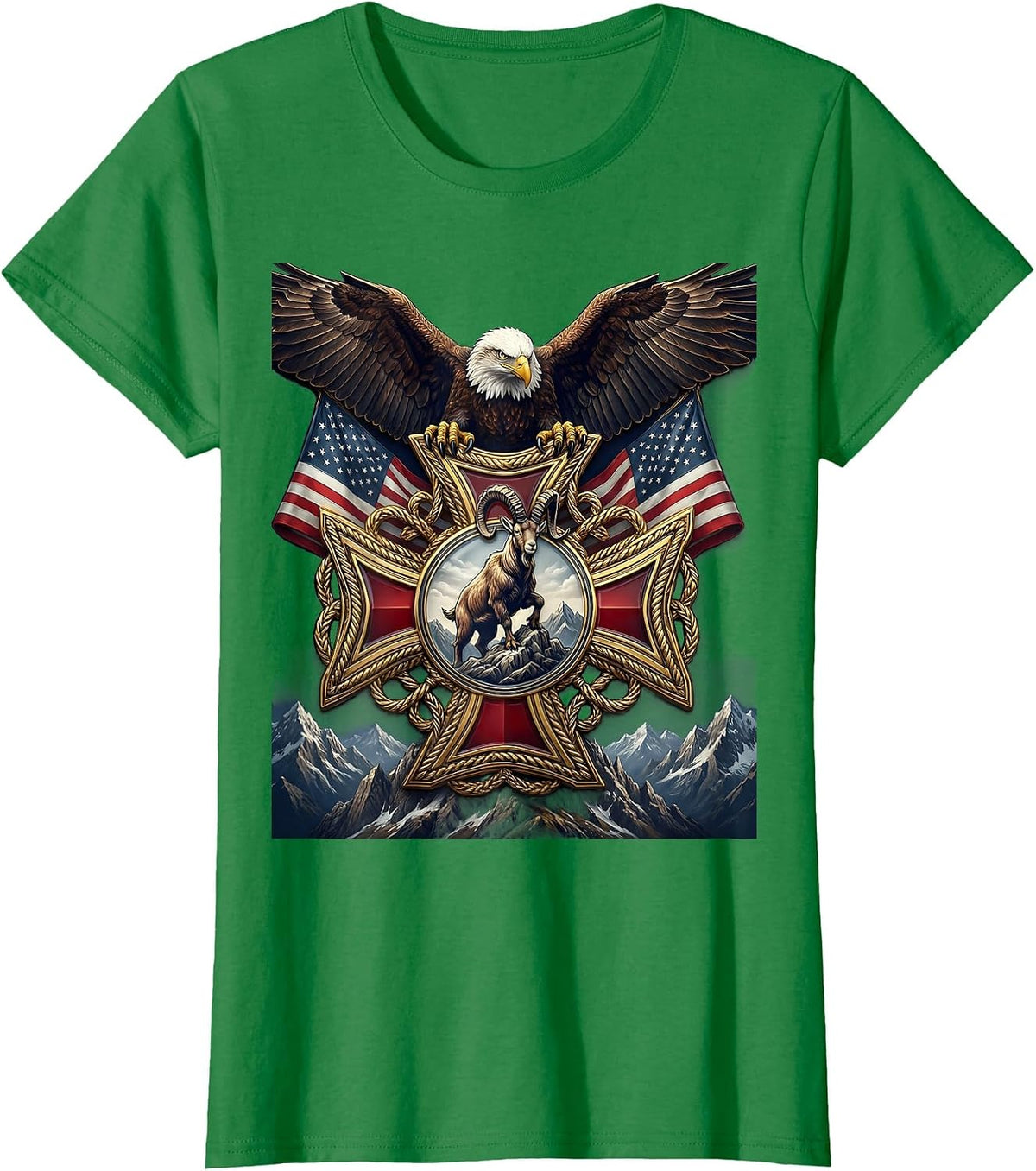 Women's Mountain Goat Rocky Peak USA Wildlife Art T-Shirt - Kelly Green