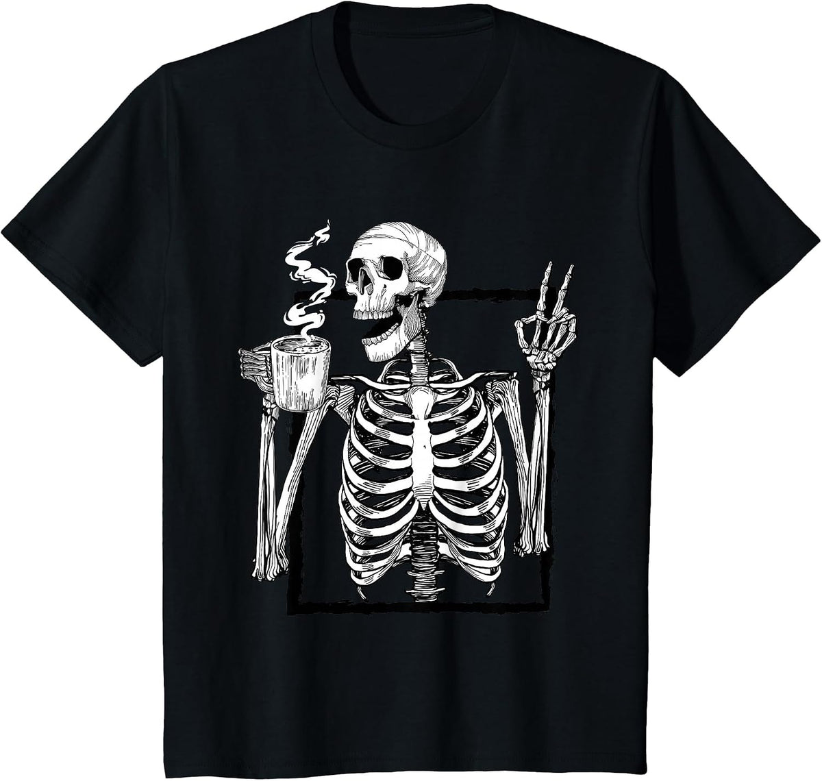 Skeleton Drinking Coffee Peace Halloween Grunge Aesthetic T-Shirt - Black