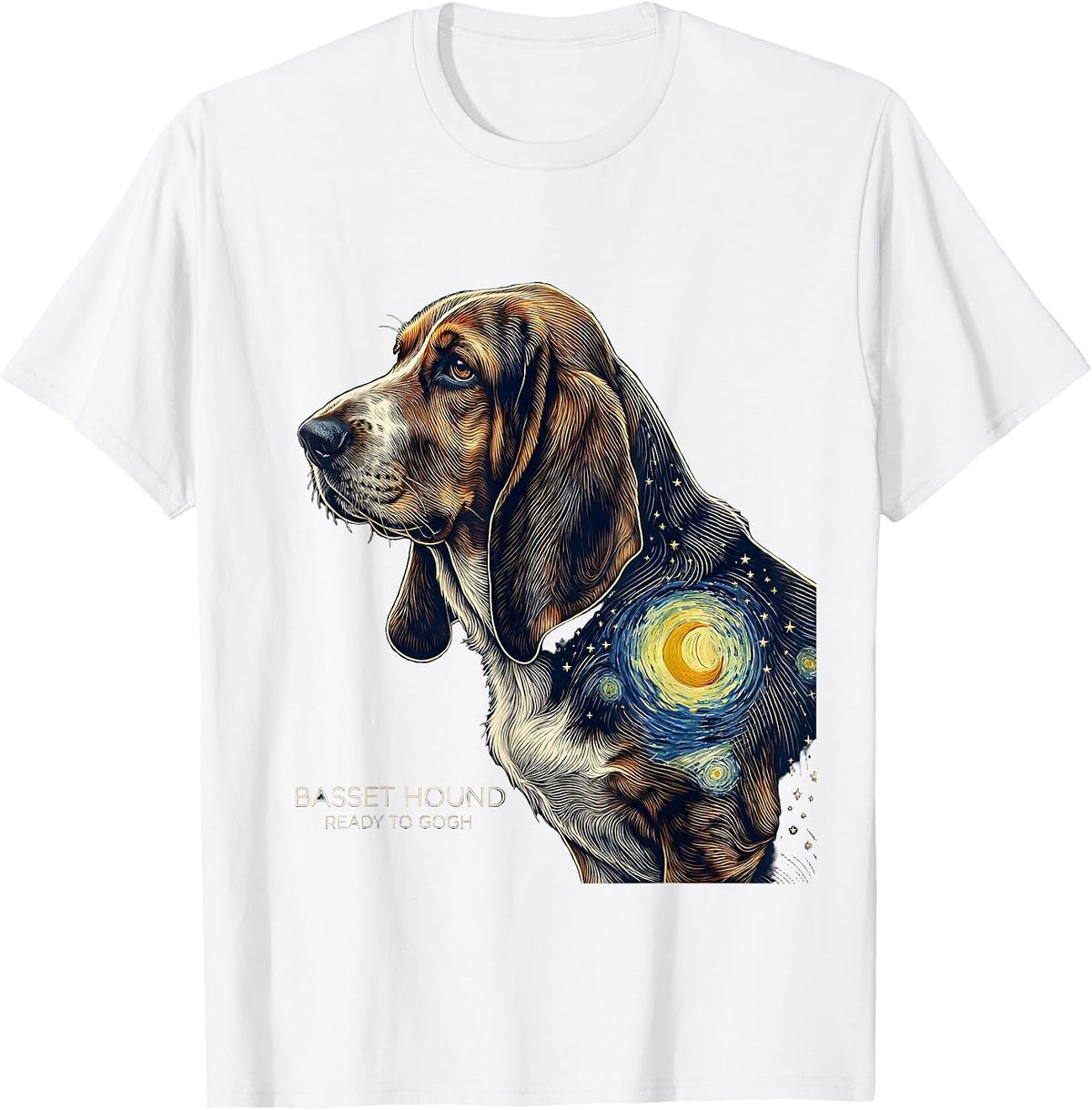 Men's Basset Hound Ready to Gogh Line Art Dog Lover Gift T-Shirt - White