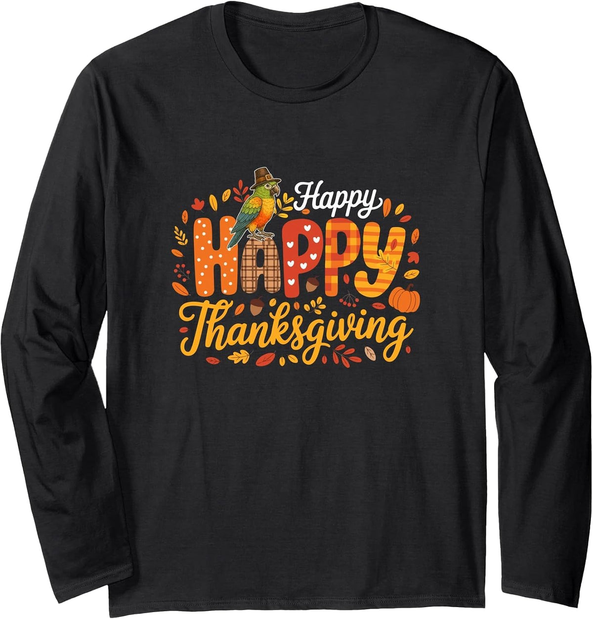 Happy Thanksgiving Colorful Fall Leaves Parrot Pilgrim Long Sleeve T-Shirt - Adult Unisex Black