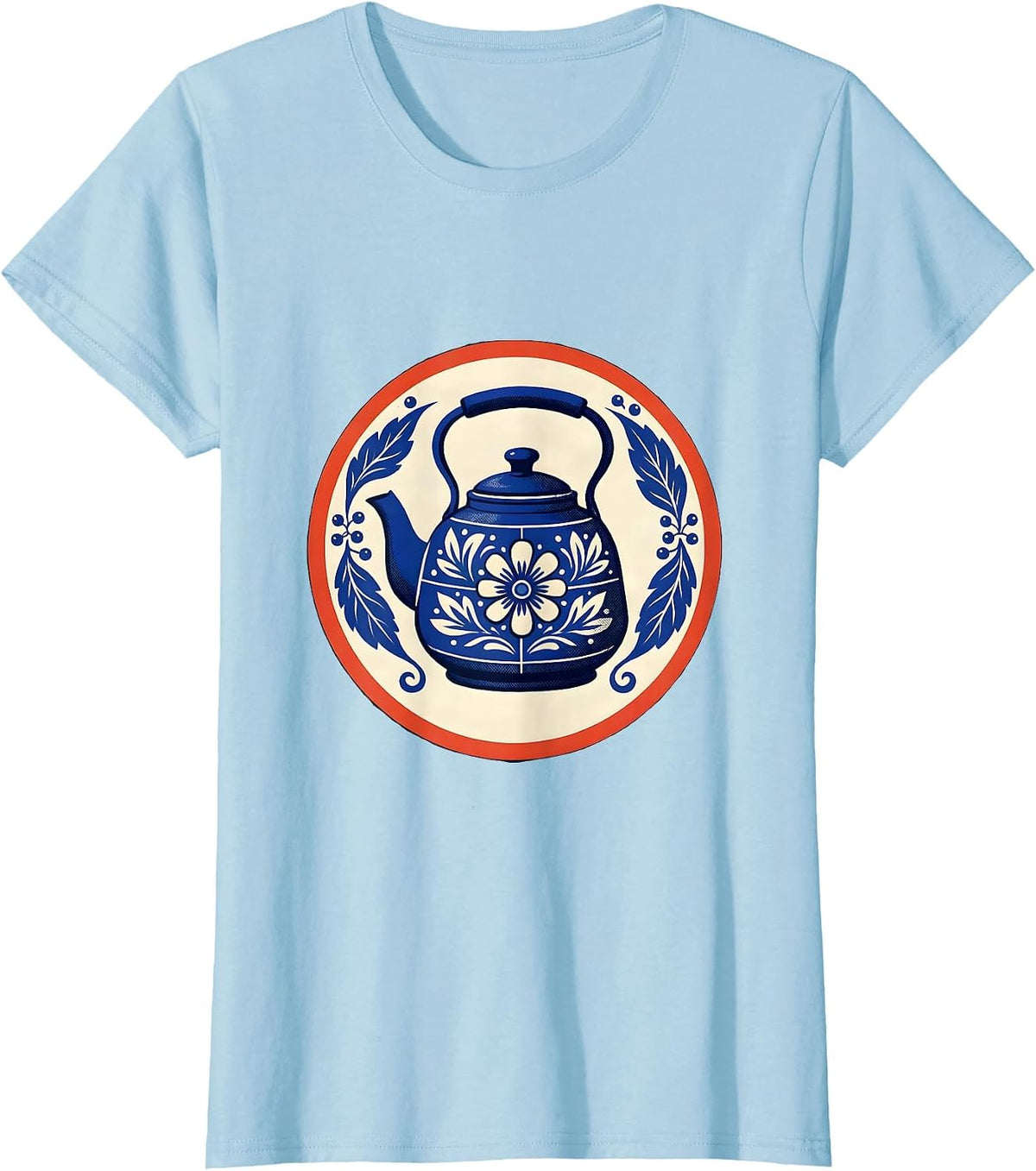Sealed Gzhel Enamel Kettle Folk Art Badge Retro T-Shirt - Baby Blue