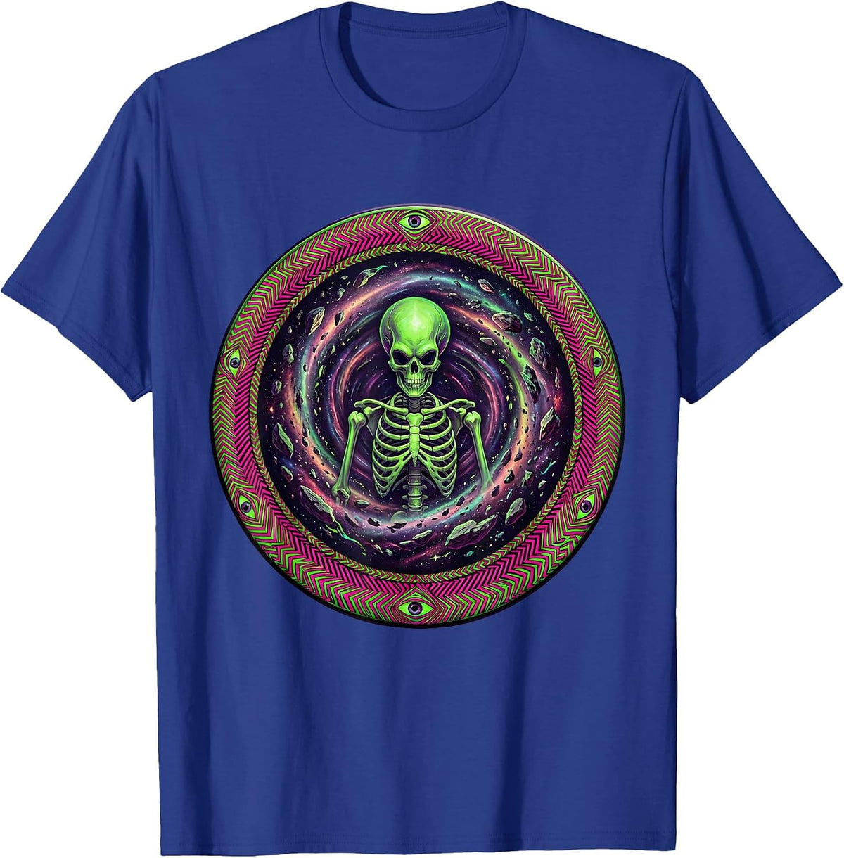 Men's Skeleton Alien Floating in Deep Space Debris T-Shirt - Royal Blue